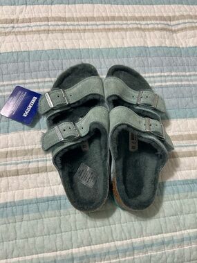 Birkenstock Green Suede Two-Strap Slides with Buckles